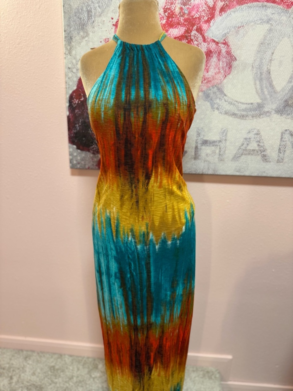 Tommy Bahama Halter Tie-Dye Maxi Dress in Teal, Yellow & Rust